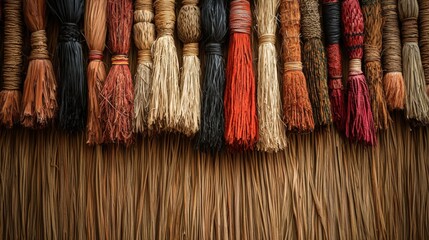 Poster - Detailed Craftsmanship Display of Colorful Textile Threads and Ropes for Realistic Photography Art