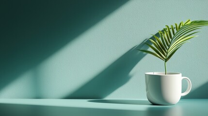 Poster - Minimalistic Plant in White Cup on Soft Blue Background with Shadows and Natural Light in Realistic Photography