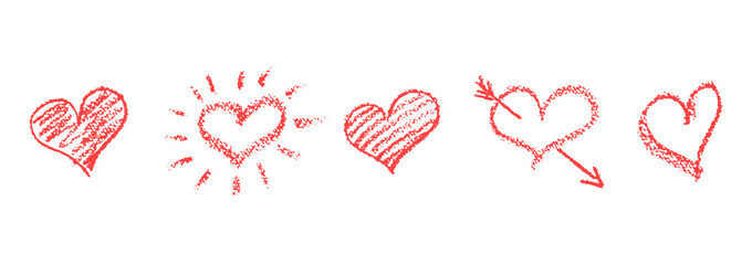 Wall Mural - Set of red hearts signs drawn by wax pencil. Love symbols in doodle style. Collection of hand drawn kid hearts elements shaded, with sun rays, pierced by an arrow. Vector illustration