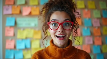 Wall Mural - A woman with red glasses and a surprised expression. She is wearing a yellow sweater