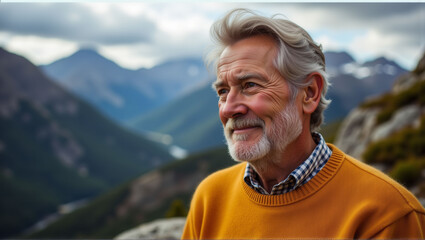 Wall Mural - A man with a beard and gray hair is smiling at the camera. He is wearing a yellow sweater and is standing on a mountain