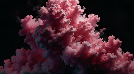 Generative AI illustration of magenta and pink fluffy pastel ink smoke cloud against black background,generative.ai
