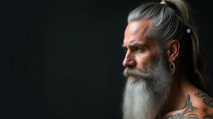 Wall Mural - A man with a long ponytail and a beard is standing in front of a wall. He has a serious expression on his face