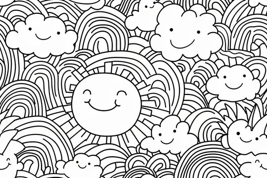 Rainbows, clouds, and sun with smiling faces, doodle-style seamless pattern.