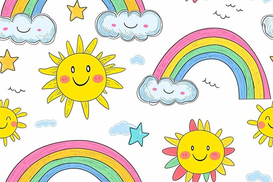 Rainbows, clouds, and sun with smiling faces, doodle-style seamless pattern.