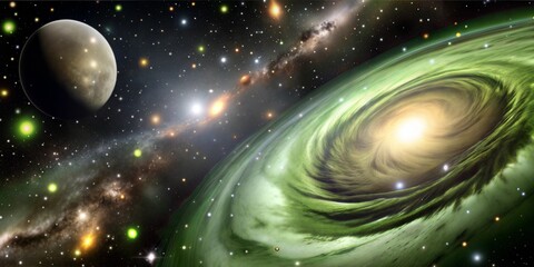 a vibrant cosmic scene showcasing a swirling green galaxy, a distant spiral galaxy, and a celestial 