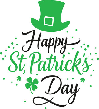 happy st. patrick's day greeting card with shamrocks and leprechaun hat