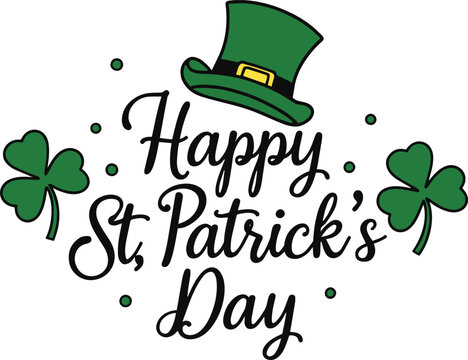 happy st. patrick's day greeting card with shamrocks and leprechaun hat