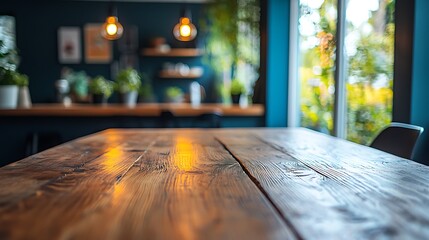Poster - Rustic wooden table, cafe interior, sunny window, plants, food background