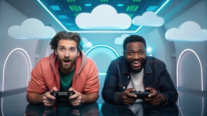 Poster - Cloud Gaming and Esport Concept. Two excited friends playing video games together in a vibrant, futuristic gaming environment.