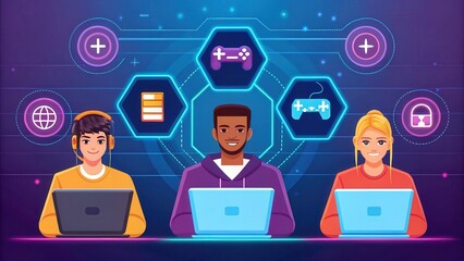 Aufkleber - cloud gaming and esport concept. three diverse individuals engage with laptops, surrounded by gaming