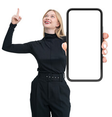 Poster - Woman pointing up while holding a smartphone with blank screen