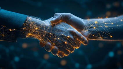 Fototapete - Digital handshake, connection, network, collaboration, future, technology, agreement, background, bokeh, deal