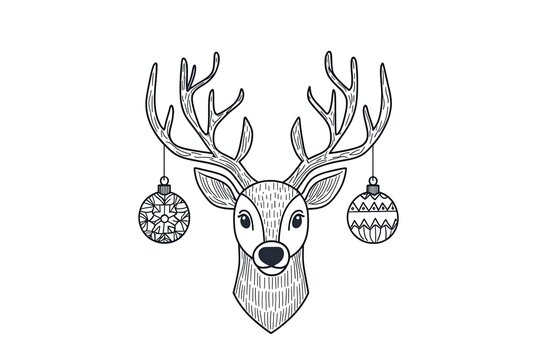 Outline of a cheerful reindeer with antlers decorated in ornaments.