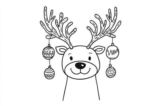 Outline of a cheerful reindeer with antlers decorated in ornaments.
