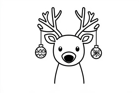 Outline of a cheerful reindeer with antlers decorated in ornaments.