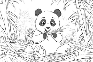 Wall Mural - Outline of a cute panda eating bamboo.