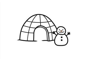 Fototapete - Outline of a simple igloo with a small snowman beside it.