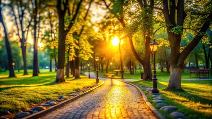 Wall Mural - Cobblestone path winds through a sun-dappled park; tilt-shift photography creates a dreamy, miniature world.