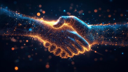 Fototapete - Digital handshake, network, agreement, glowing, dark, background, collaboration, technology, future