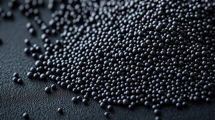 Poster - Small black beads scattered on a textured surface in a close-up view during natural light