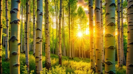 Wall Mural - Sunlight dapples vibrant green aspen leaves in a high-resolution mountain forest wallpaper.