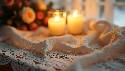 Lace table runner with candles and floral decor in cozy lighting