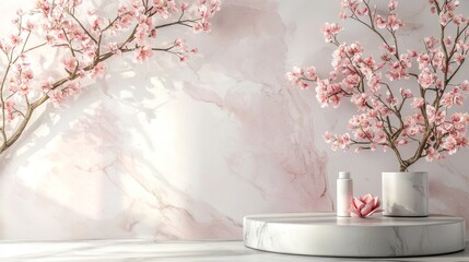 Poster - A minimalistic setting features a smooth, round podium adorned with delicate cherry blossom branches and a serene vase. Soft pastel colors create a calm atmosphere, perfect for refined presentations