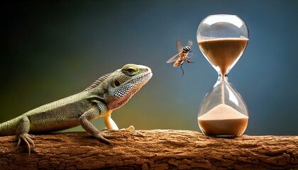 a lizard catching a fly with an hourglass passing by