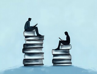 A vector illustration of two stacks of books with people reading on top and sitting at the bottom, symbolizing education or study. 