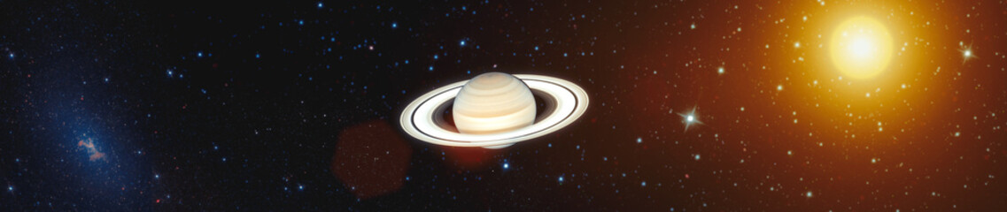 Wall Mural - specific view of saturn with its iconic lenses illuminated under the fire of the sun on a starry spa