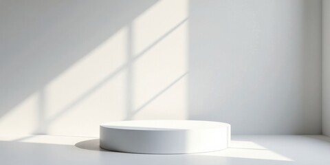 Poster - A Minimalist White Circular Pedestal in a Sunlit Room with Subtle Shadow Play Creating a Clean and Modern Display