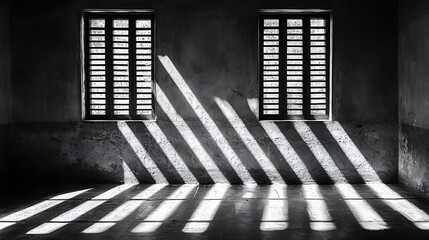 Poster - Sunbeams streak prison cell floor, light through barred windows, grunge wall