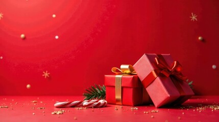 Aufkleber - Festive Red Gift Boxes with Candy Canes and Gold Accents on a Red Background