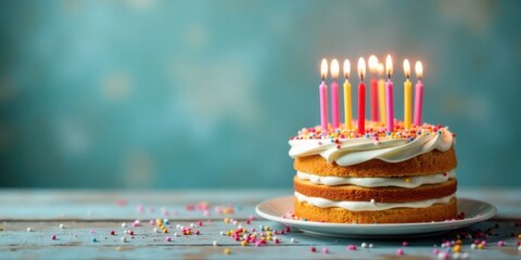 Poster - A delightful three-layered vanilla cake adorned with colorful sprinkles and lit candles, resting on a rustic wooden surface against a tranquil blue backdrop.