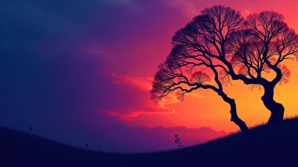 Poster - Serene Sunset Silhouette A Majestic Tree Stands Tall Against a Vibrant Sky, Painting a Captivating Landscape