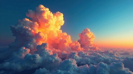 Aufkleber - A breathtaking panoramic view of vibrant sunset cloudscape, displaying a majestic array of fluffy cumulus clouds illuminated with warm golden and soft orange hues against a deep blue twilight sky
