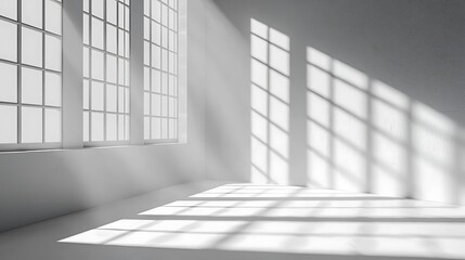 Poster - Sunlight streams through large windows in a white room, casting shadows on the walls; ideal for product displays