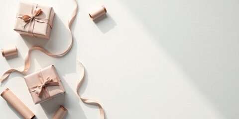 Poster - Elegant blush pink gift boxes with satin ribbons and paper tubes on a bright white surface