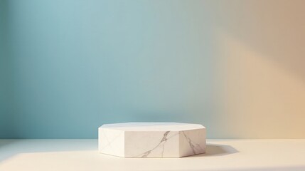 Fototapete - Elegant Octagonal Marble Display Platform Against a Soft Blue and Beige Gradient Background