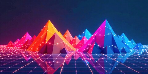 Poster - Abstract Colorful Pyramid Peaks Illuminated by a Network of Glowing Lines on a Reflective Surface