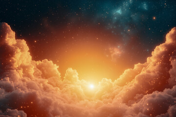 Wall Mural - Dreamy Sky with Orange Clouds and Stars at Sunset