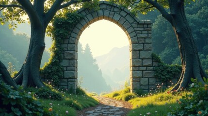 Aufkleber - Stone Archway Pathway Through Lush Greenery Leading to a Serene Mountain Vista