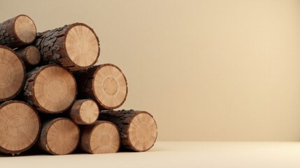 Poster - A Stack of Natural Wood Logs on a Light Beige Background, Ideal for Rustic or Nature-Themed Designs