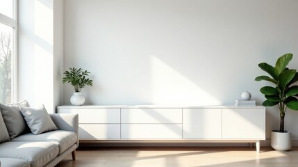 Poster - Modern Minimalist Living Room Interior Design with Ample Sunlight and Neutral Color Palette Featuring a Comfortable Sofa and Stylish White Cabinet