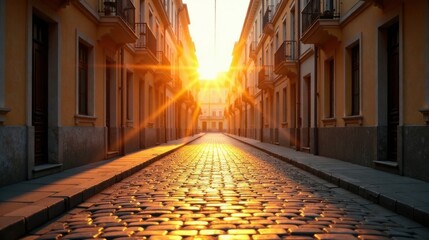 Poster - Golden Hour Illumination on a Cobblestone Street, Flanked by Old Buildings with Sun Rays Streaming Through