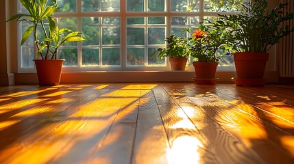 Poster - Sunlit hardwood floor, potted plants, window, garden view, home decor