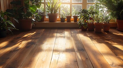 Poster - Sunlit indoor plants, wooden floor, window background, home decor