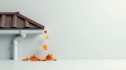 Poster - Autumn Leaves Falling From Brown Roof Gutter and Downspout into Pile on Ground