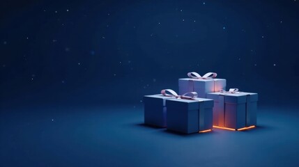 Poster - Enchanted Night Three Glimmering Presents with Delicate Ribbons, Resting on a Dark Blue Surface, Illuminated by a Subtle Glow